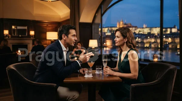 An adult man and woman speak discreetly across a small table in a refined Prague hotel lounge, framed in a wide evening view.