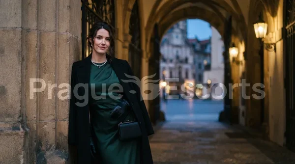 An adult woman in elegant evening clothing stands beneath a historic Prague arcade, softly lit, as if posing for a current