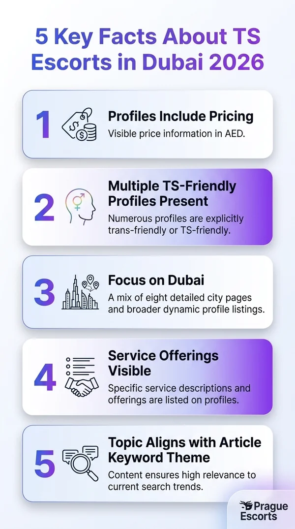 Infographic showing 5 key facts about TS Escorts in Dubai 2026.