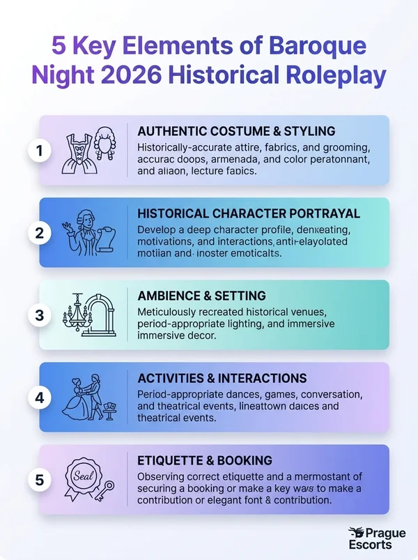 Infographic visualizes 5 key elements of Baroque Night 2026 Historical Roleplay: setting, roles, events, costumes.