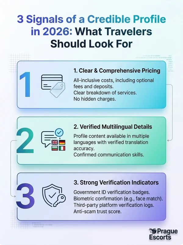 Infographic: 3 signals of a credible profile in 2026 for travelers; verified profiles and anti-scam checks.
